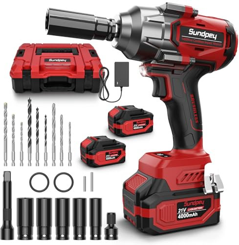 Sundpey 1400 N.m Avvitatore a Impulsi Brushless, 21V Avvitatore ad Impulsi con 2 Batterie da 4.0 Ah & 5 Prese & 9 Punte per Trapano & Adattatore Esagonale da 1/2 per Auto Camion Casa