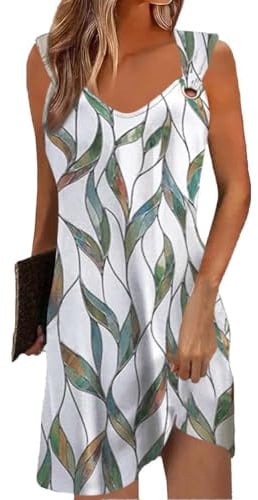 Yeenily Robe Femme Col en V sans Manches Décontractée Plage Robes Chic et Elegant Été Couleur Unie Mini Longue Tunique Robe (Feuilles Impression, S)
