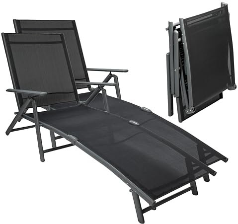 sunnypillow 2er Set Sonnenliegen klappbar 150 kg belastbar - Gartenliege aus Aluminium für Garten Balkon Terrassen wetterfest - Liegestuhl mit 8 Fach Verstellbarer Rückenlehne mit Armlehnen Anthrazit