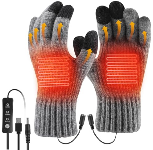 Guantes calefactados por USB, Bestcool Unisex Invierno Calentar Las Manos Lavables con Pantalla táctil con Temperatura Ajustable de Lana Tejida Regalo Invierno para Hombres y Mujeres, Navidad（Gris）