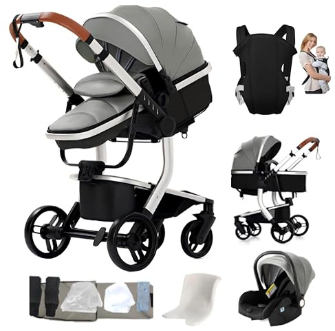 Aveainelle 3 in 1 Kinderwagen aus PU Leder, Wendbares Baby-Reisesystem, mit Einem Klick Zusammenklappbarer Kinderwagen und Komplettes Zubehör, Zwei Bremsmodi für Vorder- und Hinterräder（Grey）