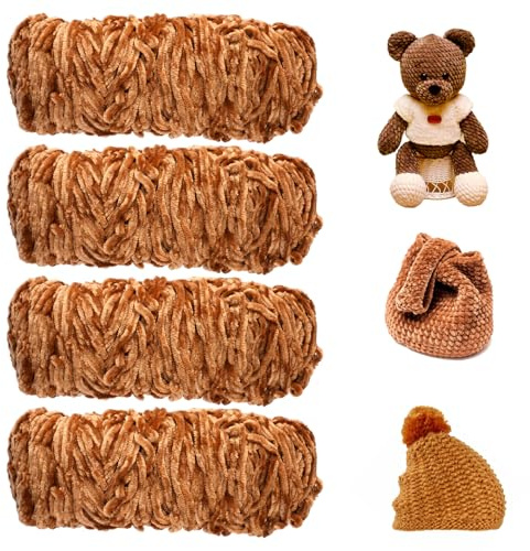 4x 170m Samt Chenille Wolle Zum Häkeln, Braun, für Schals, Decken, Taschen | 400g (4x100g), Flauschige Wolle Zum Häkeln, Kuschelweich Häkelwolle Flauschig, für Pullover, DIY-Strickprojekte