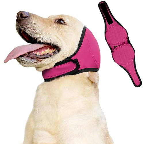 Beruhigende Ohrbandage für Hunde mit Geräuschreduzierung, Angstberuhigende Kopfbedeckung für Fellpflege, Donner, Feuerwerk und Baden, Lärm (Rosenrot, M)