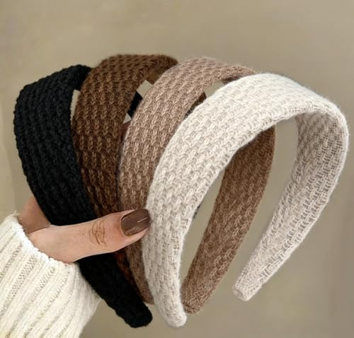 Auroriel 4 Stück Stirnbänder für Damen Gestrickt Trendy 4 cm Breite Stirnbänder Nicht Rutschend Süße Haarbänder für Mädchen Uni Farbe Elastische Haarbänder für Damen Haar Mode