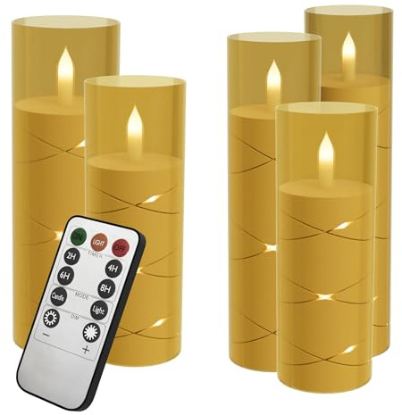 FIVMEN 5 Stück LED Kerzen mit Timerfunktion und Fernbedienung LED Stumpenkerze Weihnachtskerzen Flammenlose Batteriebetriebene LED Wachskerzen mit Lichterkette Flackernde Warmweiß, Gold