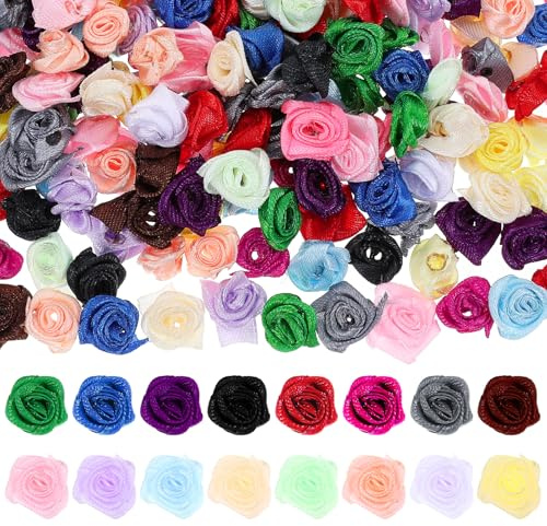 Bremorou 300Pcs Mini Ribbon Roses For Crafts Small Fabric Flowers Felt Flowers Rose Buds Satin Artificial Tiny Multicolor DIY Sewing Rosettes Applique Embellishments for Wedding Gift Wrapping