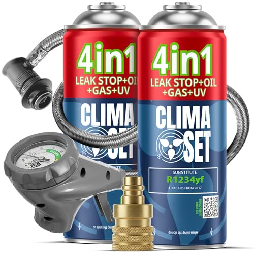 CLIMASET - Klimaanlage Auto Befüllen - Klima Auffüllen Auto Set - 2X Gas & Öl R1234yf + Schlauch + YF-Adapter - für Fahrzeuge nach 2016, mit Modernem Schlauch & Manometer, Einfaches Nachfüllen
