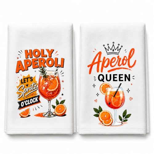 AHEJIOO Aperol Geschenk 2er-Set Waffelpiqué Geschirrtücher 40x60cm, Lustige Aperol Deko für Sommerparty und Küche, Holy Aperoli Cocktail Handtücher Saugfähig - Als Mitbringsel für Frauen