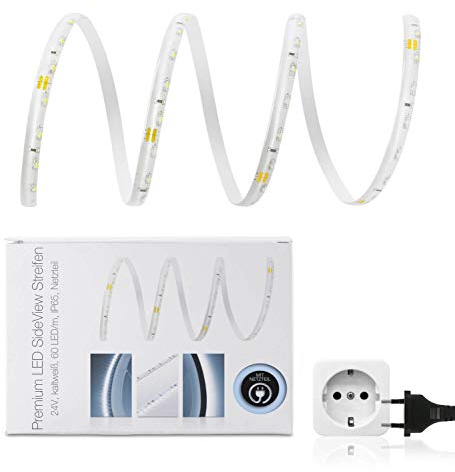 LED Universum Premium SideView LED Streifen Set kaltweiß mit Netzteil, 10m, IP65, 60 LED/m, 8 W/m, 6500 K, 380 lm/m, rechtwinklige Abstrahlung, ideal zur Möbel-, TV-Hintergrund- und Werbebeleuchtung