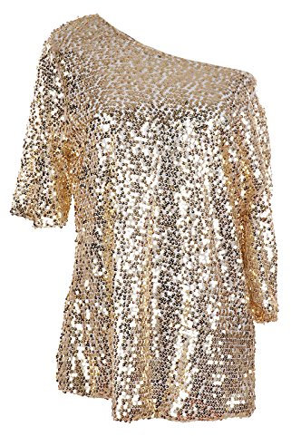 Anna-Kaci Damen EIN Schulter Kurzarm Blingeling Glitzer Pailletten Lose Bluse Batwing T-Shirts Vintage Tops Oberteile, X-Large, Gold