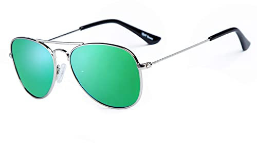 Rocf Rossini Gafas de Sol Para Niños y Niñas Marco Metal de Cat.3 UV Protection con Estuche (Plateado, Verde)