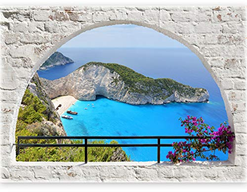 murando - 3D WANDILLUSION 140x100 cm - Wandbild Fototapete Poster XXL Fensterblick Vlies Leinwand Panorama Bilder Dekoration - Mauer Ziegel Meer Strand Dünen