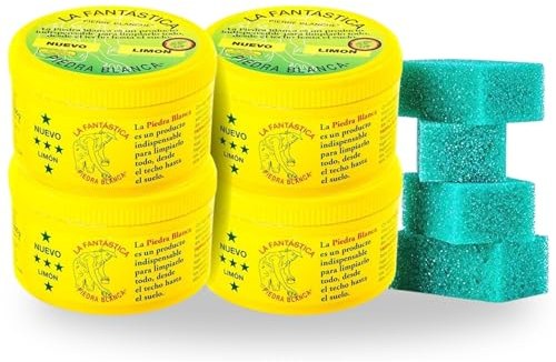 Pack 4x600 g La Fantástica Piedra Blanca | Arcilla de Limpieza Multiusos | Fórmula Original Alemana | Limpia, Pule y Protege + 4 Esponjas de Regalo