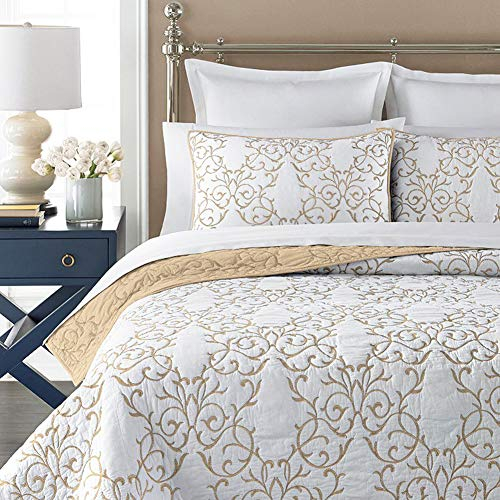 mixinni® Stil Druckdessiniert Bettüberwurf Blaue und Weiße Porzellan Serie Stickerei Quilts aus 100% Reiner Baumwolle Bedspread Tagesdecke (Enthält Keine Kissenbezüge) Champagner 234x269 cm