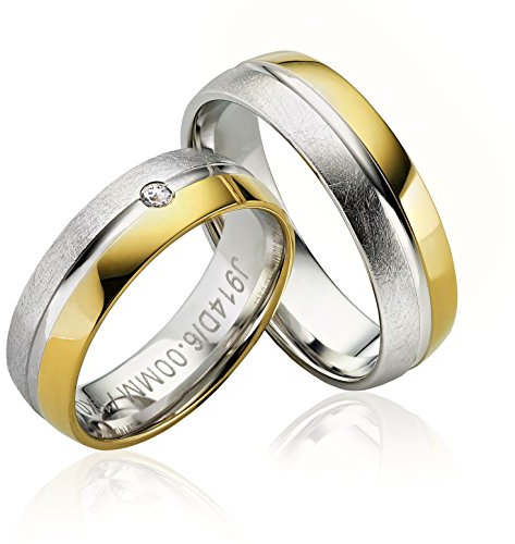 JC Trauringe Silber 925 Paarpreis Bicolor teilweise Gold Plattiert I Eheringe breit 6mm I Partnerringe mit Gravur in edler Schatulle I 2 Hochzeitsringe Herrenring ohne & Damenring mit Stein I P914