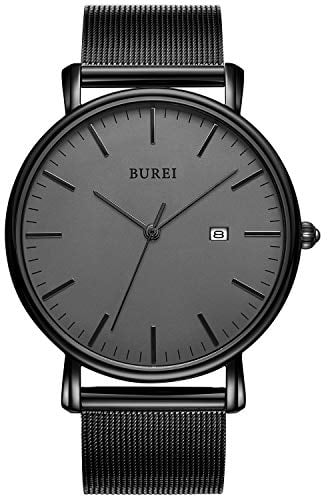 BUREI Ultra Dünne Uhren Herren Schwarze Analoges Datum Armbanduhr Herren mit Japanisches Quarzwerk, Geschenke für Männer