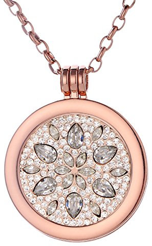 Morella Damen Halskette Rosegold 70 cm Edelstahl und Anhänger mit Coin Blüte Zirkonia Silber 33 mm im Schmuckbeutel