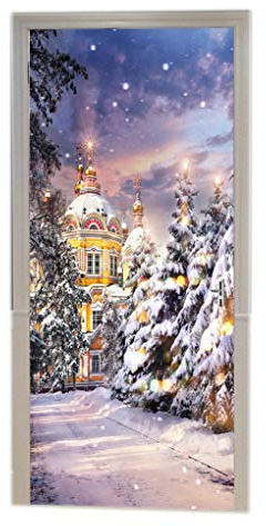 A.Monamour Stickers Muraux Autocollants Noël Vacances Art Décors Blanc Neige Pin Arbre Mystérieux Château Scène 3D Imprimer Vinyle Chambre Porte Autocollants Papier Peint Peintures Murales