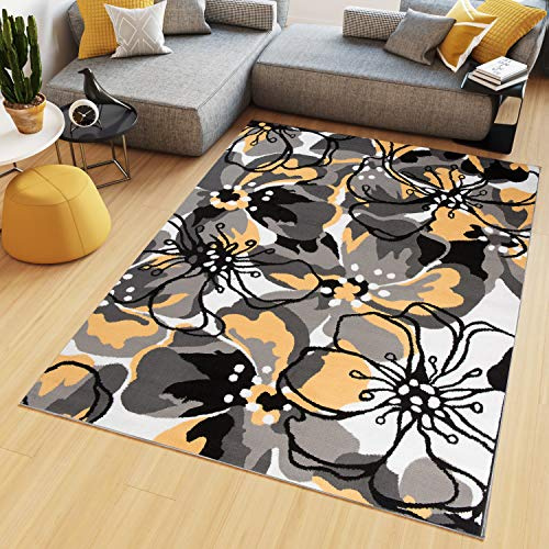 TAPISO Maya Teppich Kurzflor Schwarz Grau Gelb Weiß Floral 120 x 170 cm | Wohnzimmer Modern Blumen Design Schlafzimmer Kinderzimmer oeko-tex
