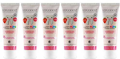 LOGODENT Kinder Zahngel Erdbeere (6x50 ml), natürliche Wirkstoffkombination aus Erdbeer-Aroma und Bio-Kamille, Bio Zahnpasta, Vegan, Fluoridfrei, Naturkosmetik