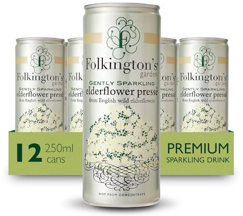 Folkington's Elderflower Soft Drink Pressé, 12 Cans, Gently Sparkling, Great Cocktail and Gin Mixer, 250 ml - Pack of 12