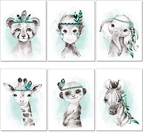artpin® 6er Set Bilder Kinderzimmer Jungen Mädchen in Mint Grau Feder - Poster Wald Dschungel Babyzimmer Indianer Tiere P62