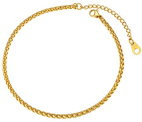 FOCALOOK Anklets for Women Spiga Wheat Link Foot Bracelet Gold Stainless Steel Ankle Chain Adjustable 8-10 Inch Beach Jewellery Chains for Summer Gift