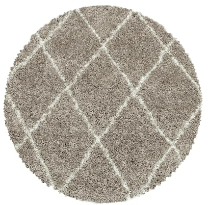 Carpettex Hochflor Teppich Wohnzimmer Beige Skandinavische Rauten Runder Design Teppich 200 cm Rund - Shaggy Teppich Schlafzimmer Flauschiger Teppich Weich - Langflor Teppich Esszimmer Küchenteppich
