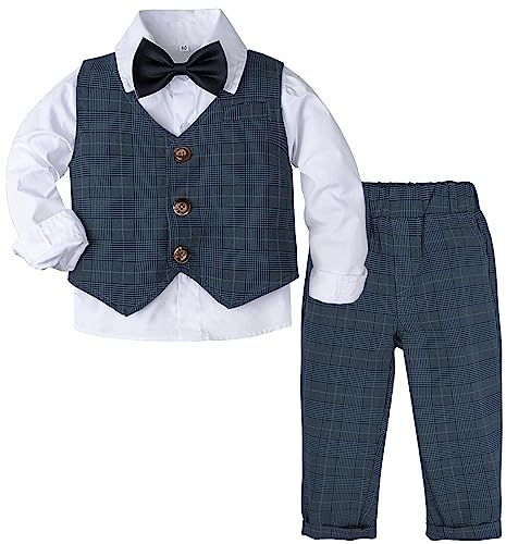 mintgreen Costume Bebe Garcon Mariage, Bébé Tenue à Plaid Gentleman Ensemble de Vêtements Manches Longues Chemise + Gilet + Pantalon + Nœud Papillon, Marin, 2-3 Ans, 100