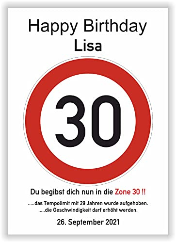 Verkehrsschild - Bild - 30. Geburtstag - Wunschname - personalisiertes Geschenk - Kunstdruck - Geschenkidee Glückwunsch Karte