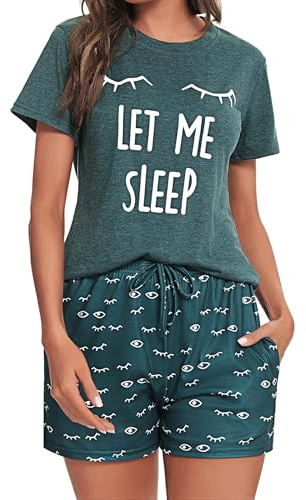 Uniexcosm Schlafanzug Damen Kurz Baumwolle Zweiteiliger Pyjama Set Kurzarm Nachtwäsche Wimperndruck Sleepwear Hausanzug Loungewear