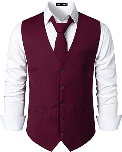 PARKLEES Gilet de smoking pour homme, style hipster, style urbain, affaires, formel, coupe ajustée, rouge vin, 3XL