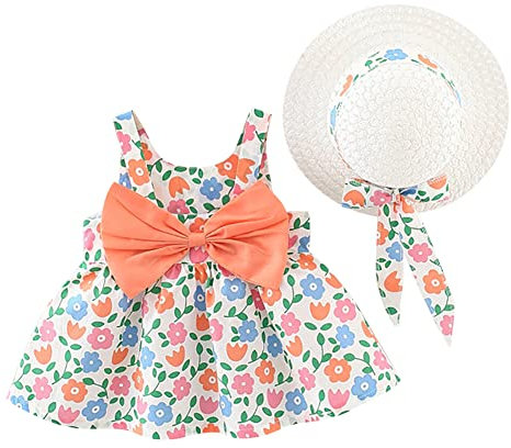 FYMNSI Lot de 2 robes d'été sans manches pour bébé fille - Dos nu - Nœud papillon - Robe de princesse avec chapeau de paille, Orange, 6-12 mois
