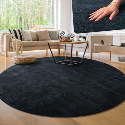Paco Home Moderner Kuscheliger Wohnzimmer Teppich Kurzflor waschbar flauschig Weich Einfarbig Felloptik zeitlos stilvoll rutschfest pflegeleicht, Grösse:200 cm Rund, Farbe:Navy-Blau