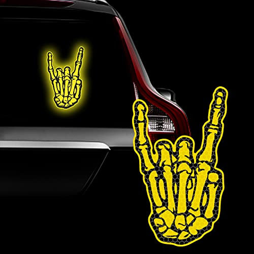 Leniutor Auto-Aufkleber, Rock Hand On Skelett, Vinyl, hohe Intensität, reflektierend, Rock and Roll, schwerer Mental-Totenkopf, für Stoßstangen, Fenster, LKW, Aufkleber, 10,4 x 17,4 cm (gelb)