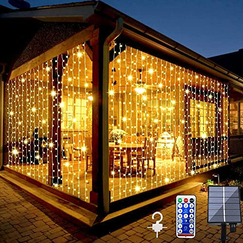 Whywhife Solar Curtain Lights Outdoor Garden Fairy String Lights 300 LED 8 Modes Remote Control Waterproof Solar Waterfall Lights for Gazebo Patio Party Festival Wedding Decoraci