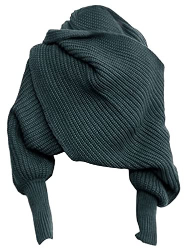 Women Autumn Winter Scarf Wrap Sweater Tops Knitted Shawl Blankets Scarf with Sleeves (Dark Green, One Size)