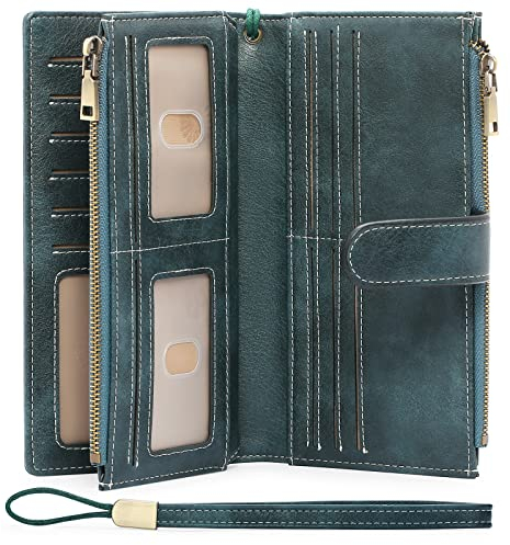 GOIACII Damen Geldbörse, Portemonnaie, RFID Blocking, Leder, Vintage-Design, Groß, Langformat, Mehrere Kartenfächer, Abnehmbare Handschlaufe