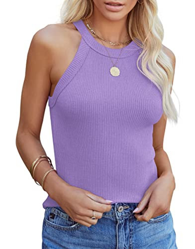 Homlan Camiseta sin Mangas para Mujer, Cuello Redondo, Cuello Redondo, básica, Ajustada, Elegante, de Punto Acanalado, Camiseta Sexy, Morado, XL