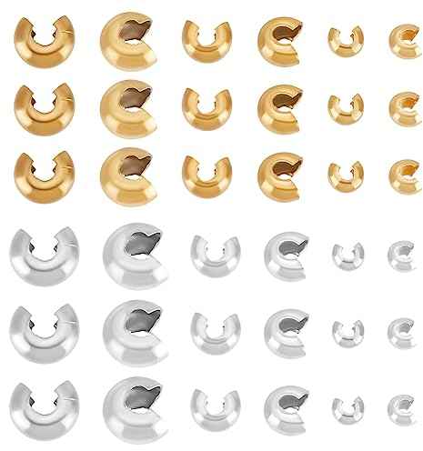 UNICRAFTALE 120pcs 2 Colores 6 Estilos 304 Acero Inoxidable Crimp Beads Cubre Metal Half Rondelle Spacer Beads Pequeño Liso Suelto Ronda Beads sombreros Crimping Beads