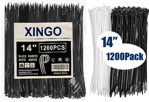 XINGO 1200 PCS Cable Ties Heavy Duty, 350mm x 3.6mm, Black Zip Ties 1000PCS+White 200PCS, 40lbs Tensile Strength, Self-Locking Nylon Wire Ties for Indoor and Outdoor use