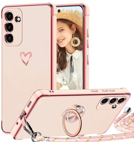 TVVTPU Coque pour Samsung Galaxy A54 5G avec Cordon et 360 Degrés Anneau Support, Étui Housse Antichoc Souple Silicone TPU Bumper Protection Case avec Amovible Collier, Rose