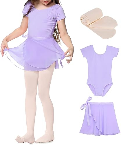 Durio Kinder Ballettkleidung Mädchen Ballettkleid Tanzkleid Mädchen Baumwolle Kurzarm Balletttrikot Mit Röcke und Leggings Helles Lila 4-5 Jahre