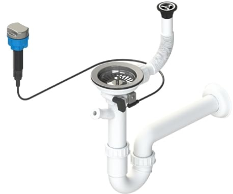 GRANMASTER Siphon Küchenspüle Automatischer 1-Kammer Raumsparsiphon mit überlauf auf der Abtropfschale - Made in Italy - Anschluss an der Unterseite: 1 1/2 Siebkorb Excenterventil 3 1/2 - 38x26x12cm