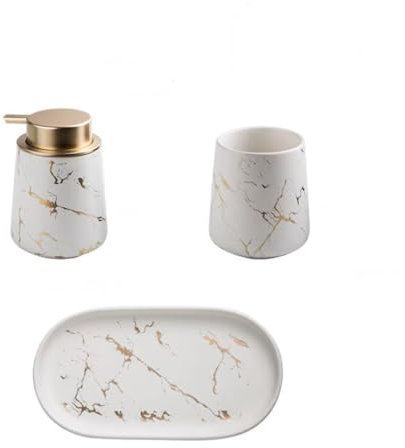 Set di accessori per il bagno, 3 pezzi, accessori decorativi per il bagno in ceramica con dispenser di sapone, bicchiere e vassoio da bagno, set di accessori per piano di lavoro da bagno, bianco e oro