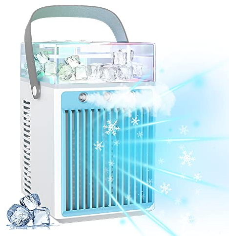 Aire Acondicionado Portátil, 4 en 1 Mini Enfriador de Aire Portátil Ventilador de Enfriamiento de Aire Personal Pequeño USB con 7 Colores LED, 3 Modo niebla y 3 Velocidades para Coche, Oficina, Hogar