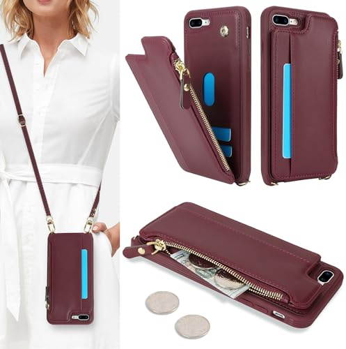 SailorTech Coque pour iPhone 7 Plus Étui avec Porte-Cartes de crédit, Etui pour iPhone 8 Plus Housse avec Courroie de Cou Portefeuille avec Fentes pour Cartes de crédit-Bourgogne