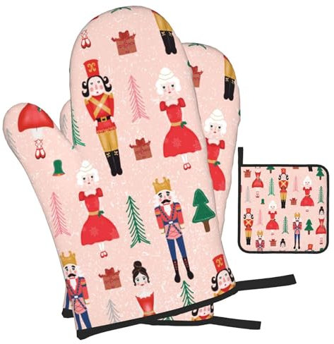 Ensemble de gants de cuisine et maniques de Noël, motif casse-noisette, résistants à la chaleur de 500 degrés, pour cuisine, barbecue, pâtisserie, grillades