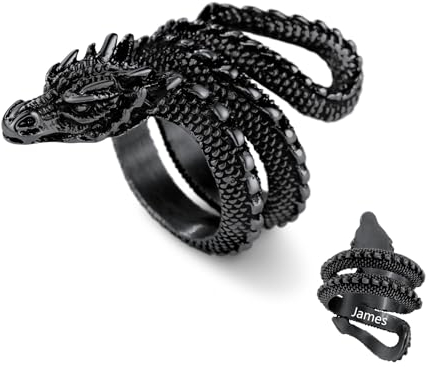 U7 Mann Ring mit Gravur Text Herren Wikinger Drachen Ring Statement Ring Schwarz Vintage Drache Ring Biker Namenring Bandring Punk Fingerring Street Style Accessoire Modeschmuck für Freund Vati