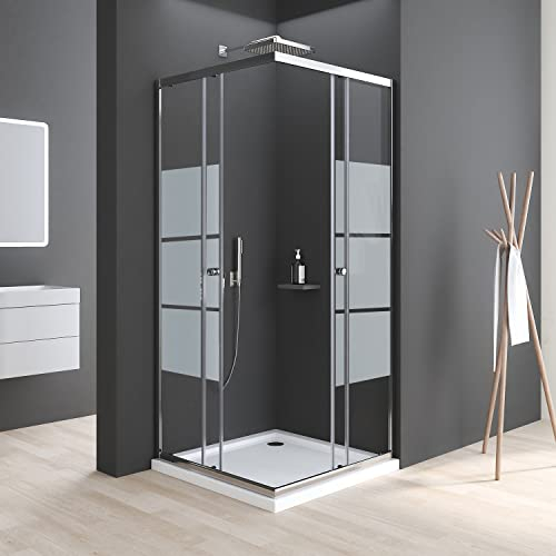 Boromal Duschkabine Schiebetür, Duschkabine 100x100cm Eckeinstieg Schiebetür Duschabtrennung 6mm ESG Milchglas Streifen Dusche Duschwand Höhe 185cm